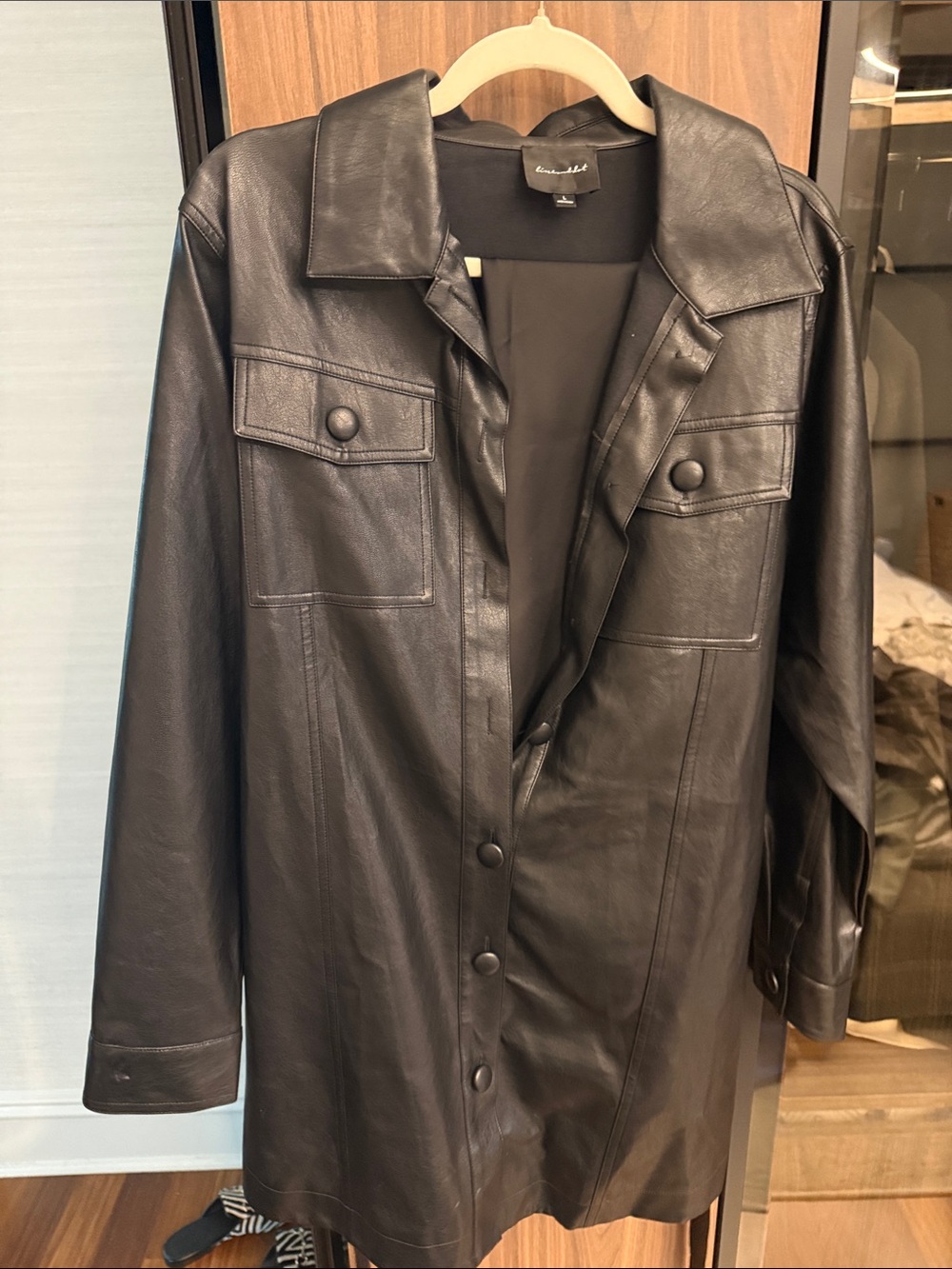 Classic Black Faux Leather Button-Front Jacket/ dress